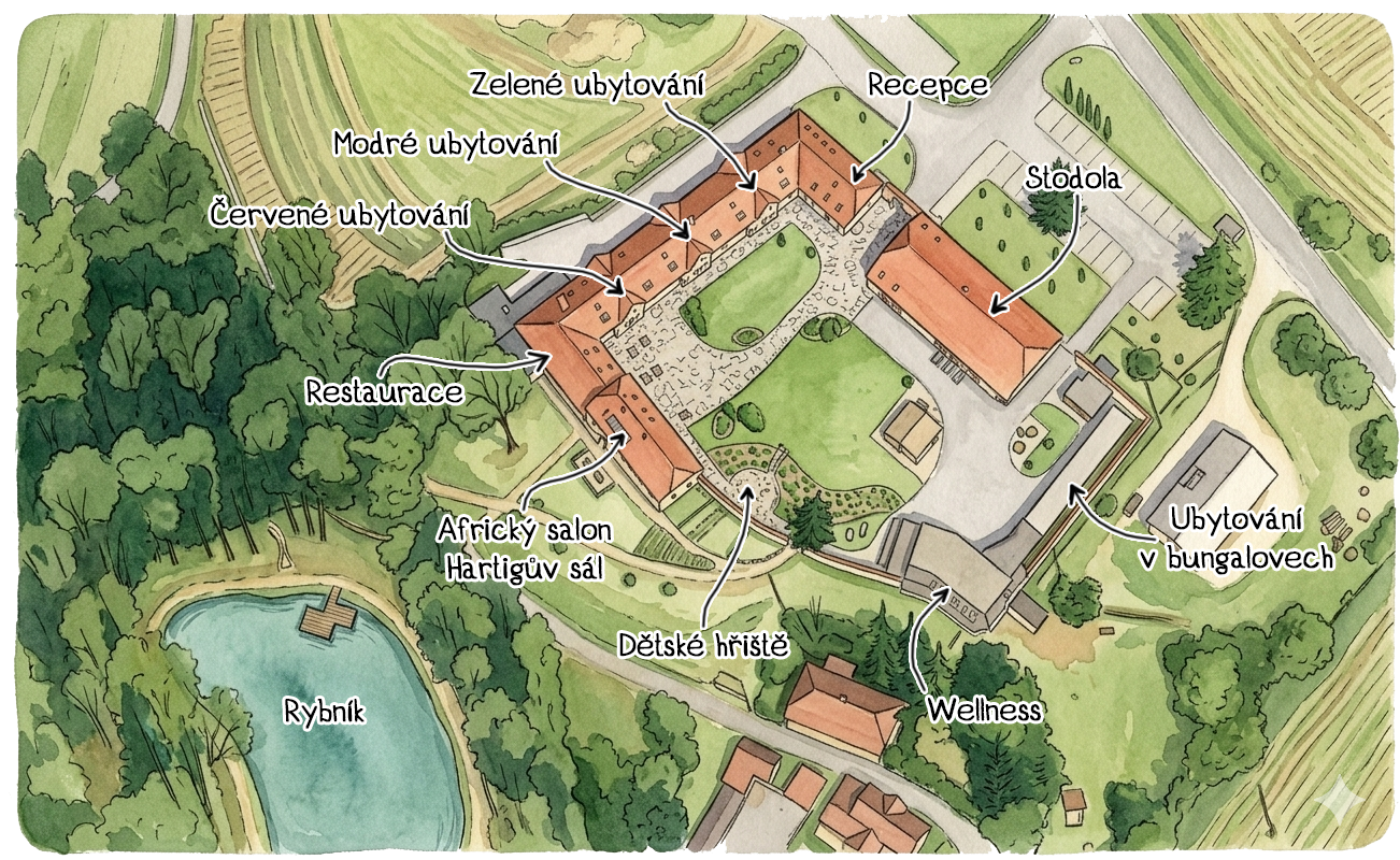 Mapa areálu Tvrze Krassa s popisky míst